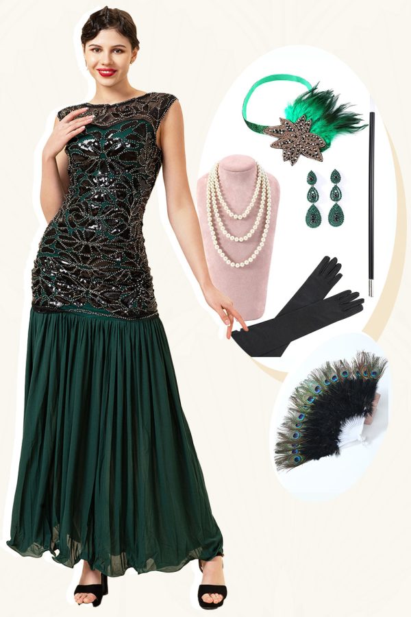 Green Beading Long Flapper Dress with 1920s Accessories Set Supply