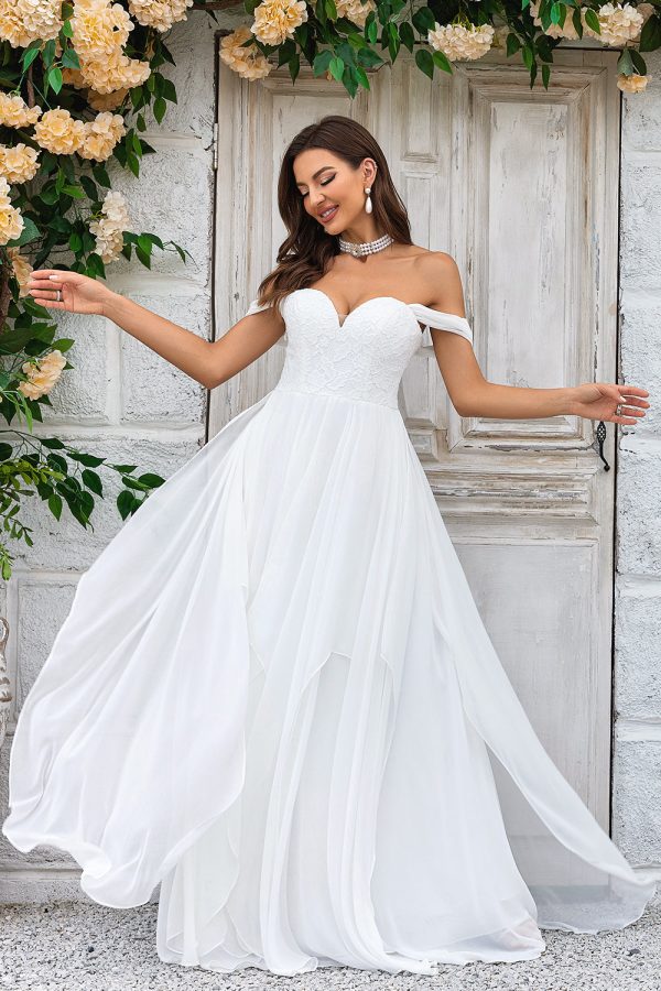 Elegant A Line Off the Shoulder Ivory Chiffon Wedding Dress with Lace Online