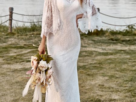 Ivory Lace Cold Shoulder Mermaid Cape Sleeve Boho Wedding Dress Supply