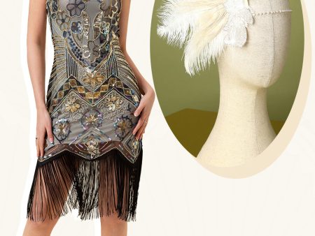 Apricot and Golden Sequined Fringes 1920s Gatsby Flapper Dress with 20s Accessories Set For Cheap