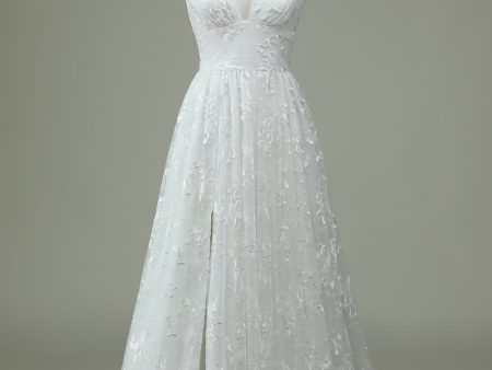 Ivory Lace V-Neck Wedding Dress with Slit For Sale