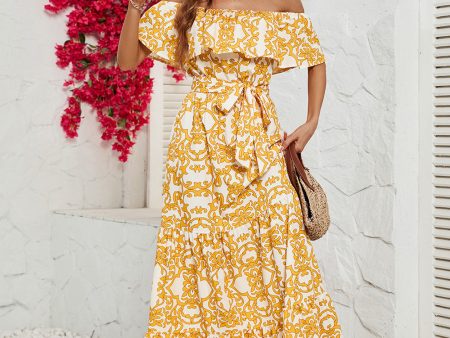 Yellow Printed Off the Shoulder Long Summer Dress Cheap