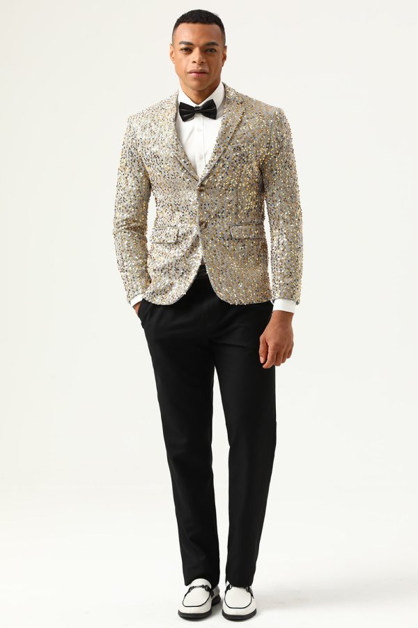 Sparkly Champagne Sequins Notched Lapel Men s Prom Blazer Discount