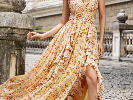 Yellow Small Flower A Line V Neck Pleated Wedding Party Guest Dress with Ruffles Online Sale