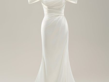 White Mermaid Off The Shoulder Pleated Satin Wedding Dress with Slit Sale