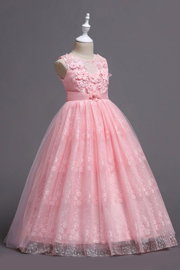 Pink Round Neck Girls Dresses With 3D Flowers Online Sale