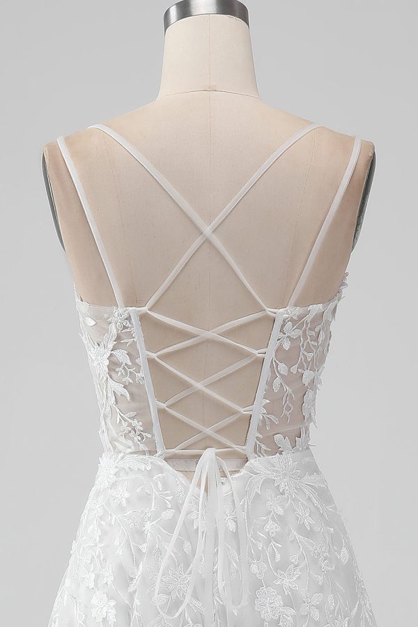 Ivory A Line Spaghetti Straps Applique Lace Corset Wedding Dress with Slit For Discount