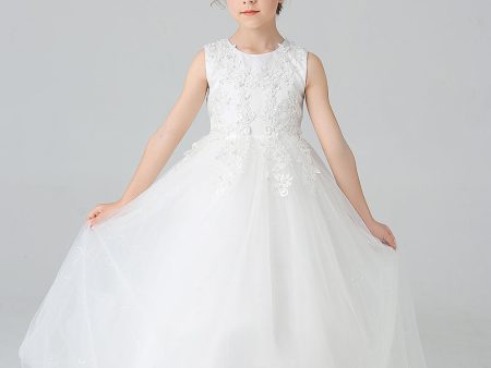 A Line Beaded White Girls  Dress With Appliques on Sale