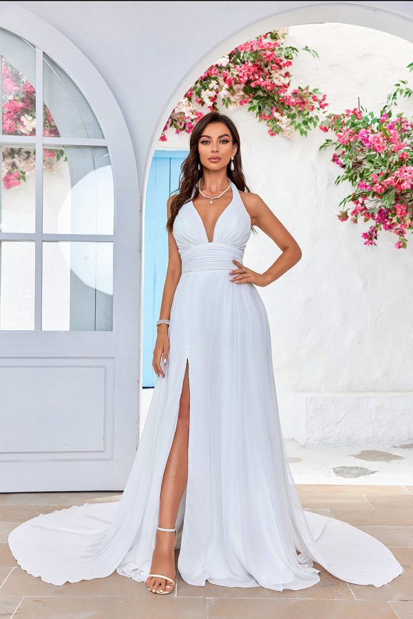 Ivory A-Line Halter Sweep Train Wedding Dress with Slit on Sale