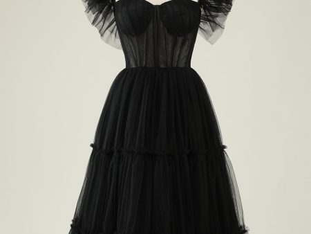 A-Line Tulle Sweetheart Black Cocktail Dress Online Sale