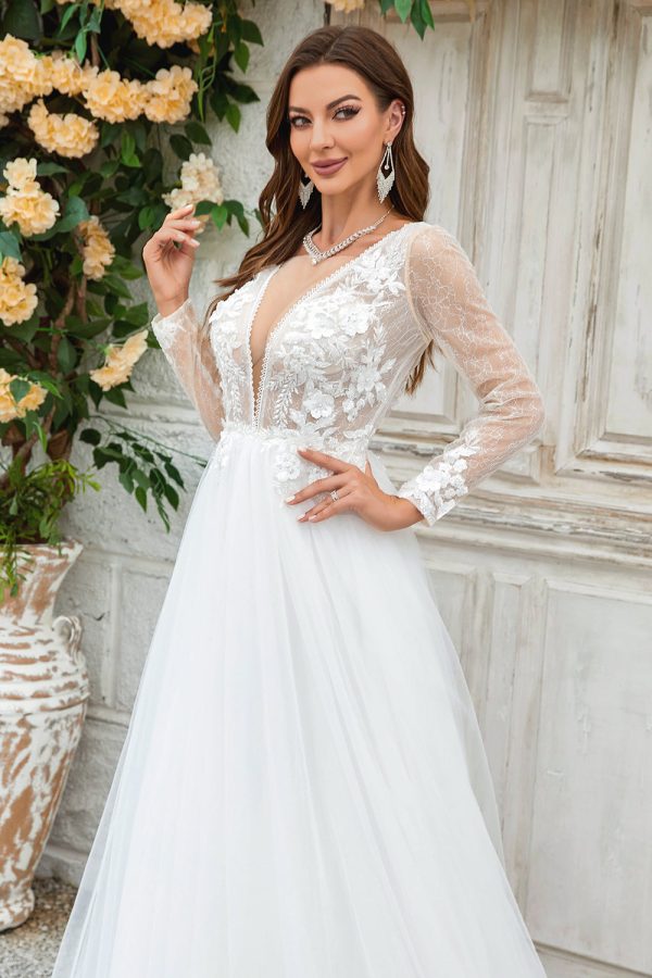 Deep V-Neck Ivory Tulle Sweep Train Wedding Dress with Lace Hot on Sale