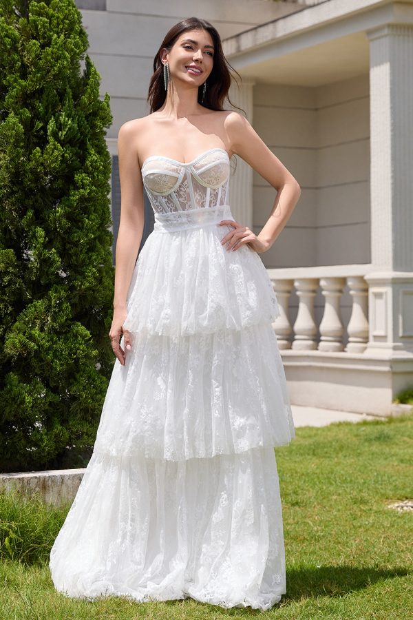 Elegant White Strapless Corset Tiered Long Wedding Dress with Lace on Sale