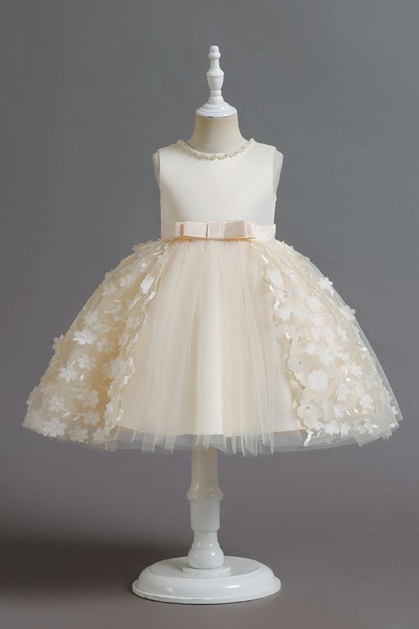 Champagne A Line Tulle Sleeveless Flower Girls  Party Dress With Bow Online Hot Sale