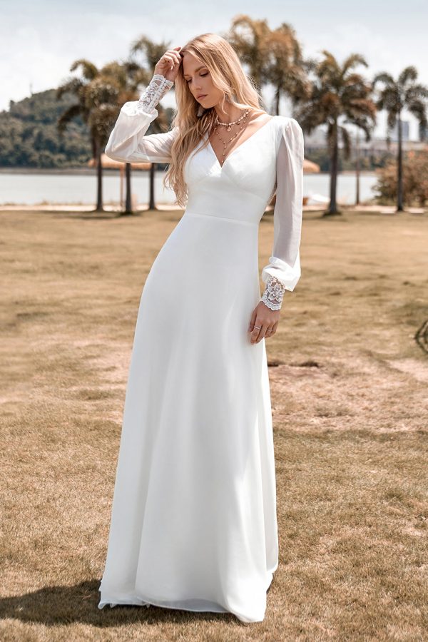 Ivory Boho Simple Sheath Long Sleeves Wedding Dress with Lace Online Sale