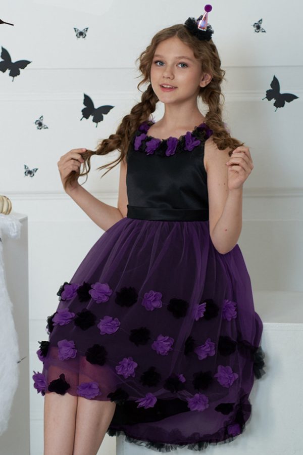 Dark Purple High Low Tulle Halloween Girl Dress With 3D Flower Sale