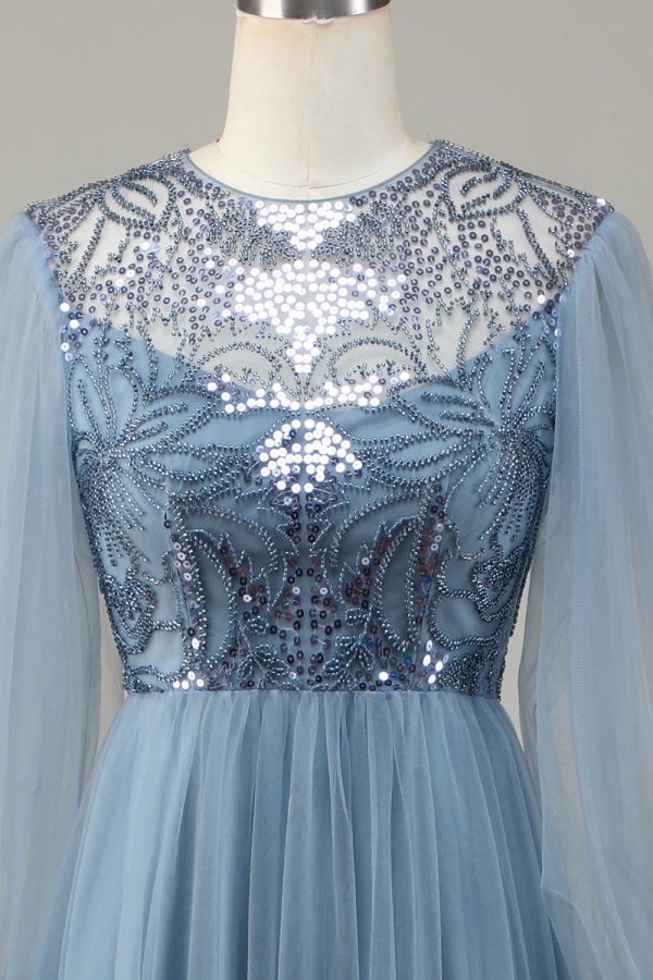 A Line Grey Blue Sequin Long Sleeves Bridesmaid Dress Online Sale