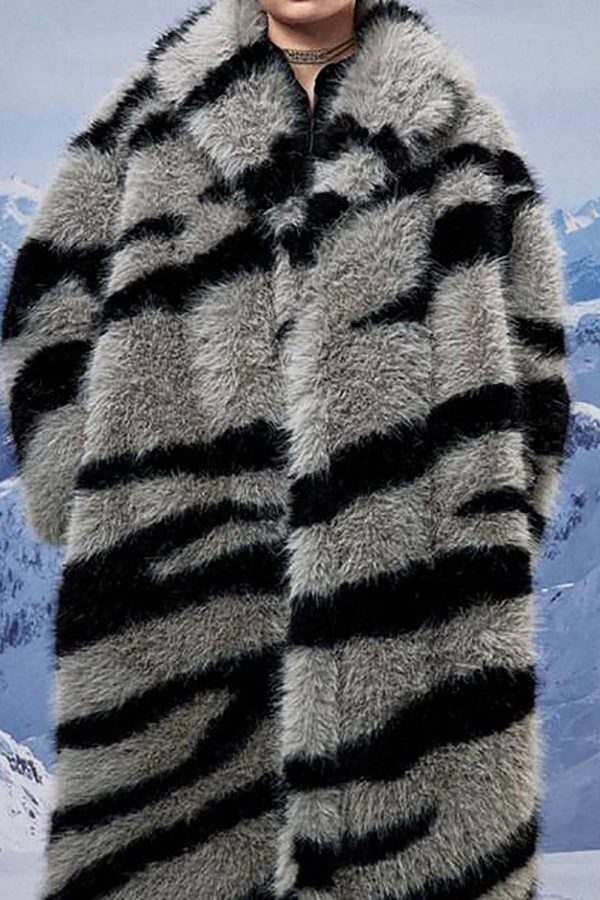 Dark Grey Zebra Pattern Imitation Oversized Long Faux Fur Shearling Coat Supply