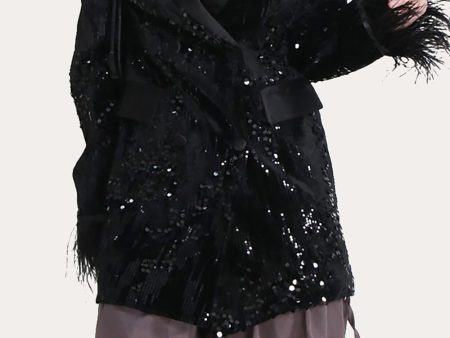 Glitter Black Sequins Women Prom Homecoming Blazer with Feathers Online now