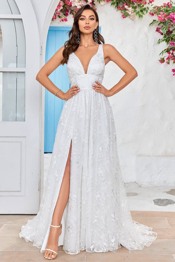 Beauty A Line V-Neck Ivory Lace Long Wedding Dress with Slit Online Sale