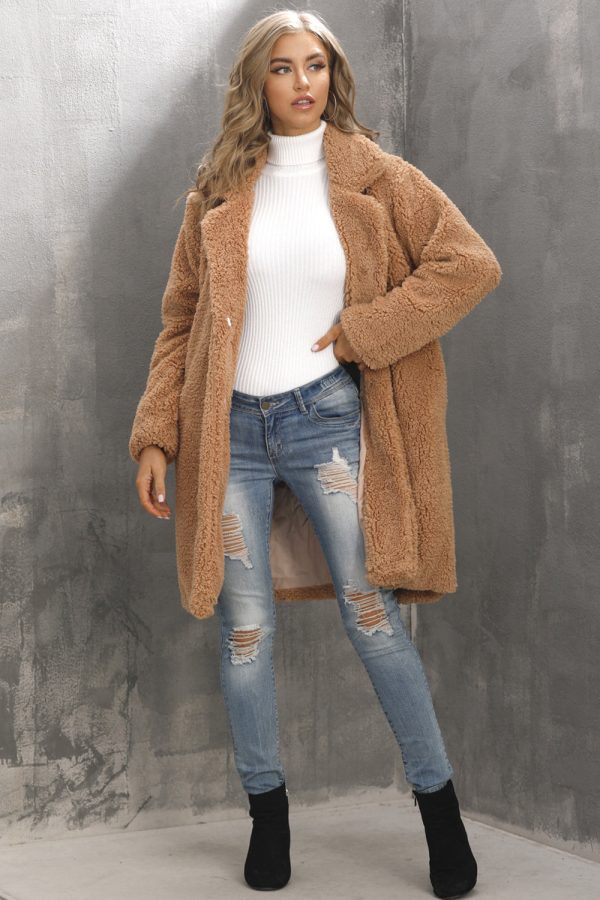 Camel Notched Lapel Long Faux Fur Women Coat For Sale