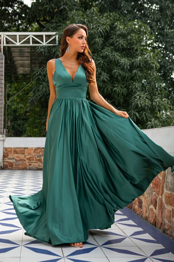 Green Deep V Neck Long Bridesmaid Dress Online now