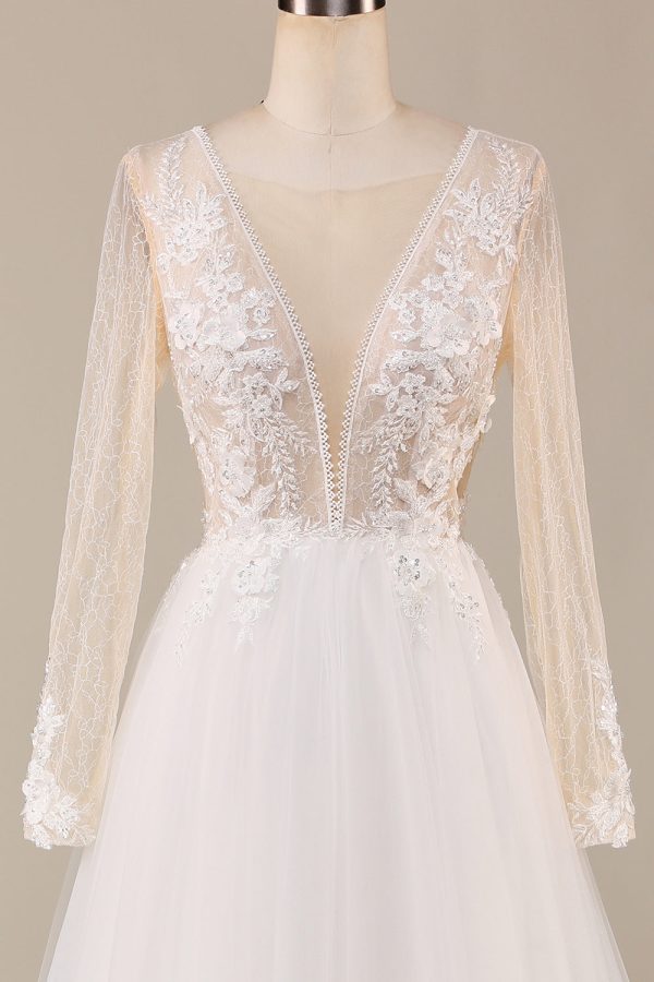 A Line Deep V-Neck Ivory Tulle Sweep Train Wedding Dress with Lace For Cheap