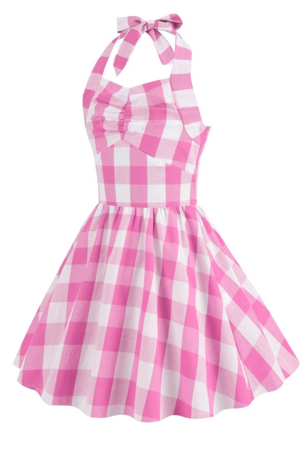 Halter Plaid Sleeveless Pink Vintage Girl Dresses For Sale