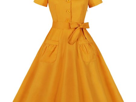 Yellow Swing V Neck Vintage Dress With Short Sleeves For Discount