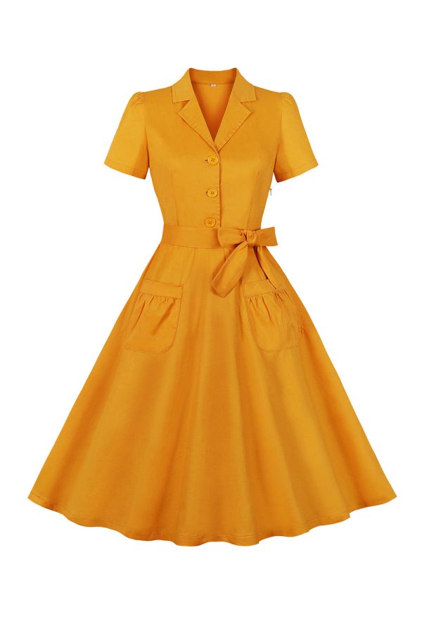 Yellow Swing V Neck Vintage Dress With Short Sleeves For Discount