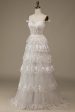 Sparkly White Tiered Lace Wedding Dress with Slit on Sale