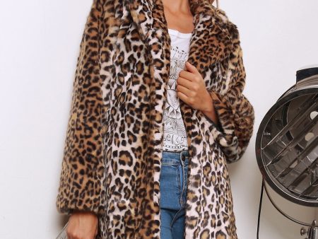 Brown Leopard Printed Notched Lapel Long Faux Fur Women Coat For Sale