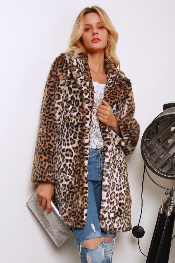 Brown Leopard Printed Notched Lapel Long Faux Fur Women Coat For Sale