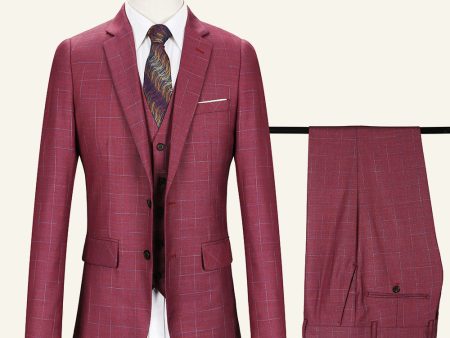 Burgundy Notched Lapel Plaid 3 Piece Men Suits For Discount