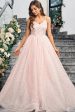 Sparkly Pink A Line Spaghetti Straps Long Prom Dress With Appliques Online Sale