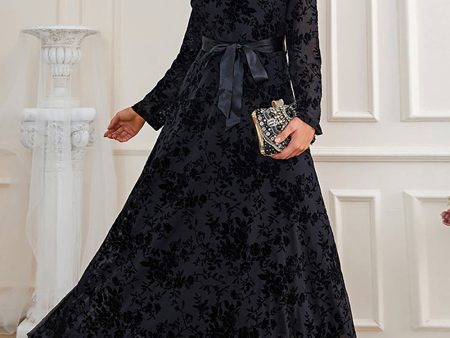 A-Line Long Sleeves Lace Black Formal Dress with Sash Hot on Sale