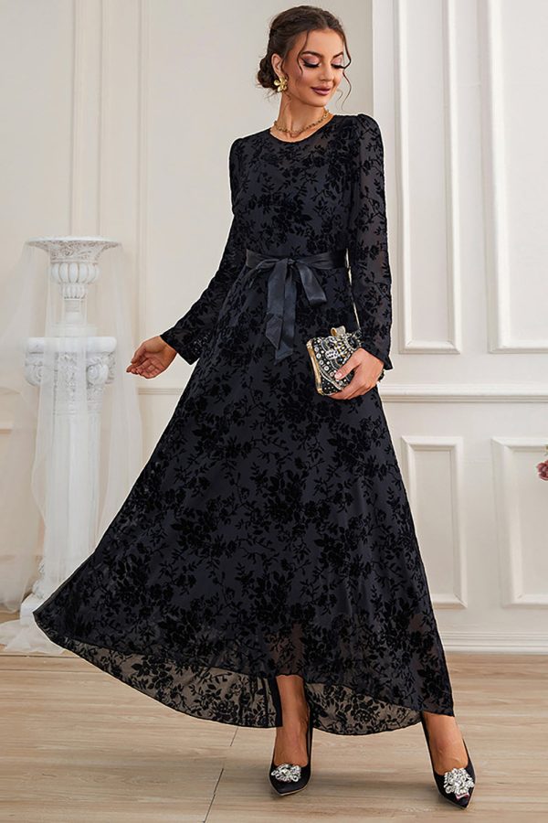 A-Line Long Sleeves Lace Black Formal Dress with Sash Hot on Sale