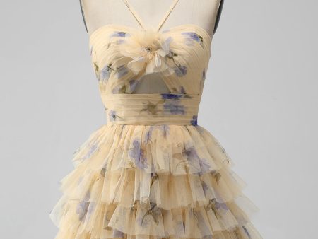 Yellow A Line Halter Tiered Short Tulle Homecoming Dress For Sale