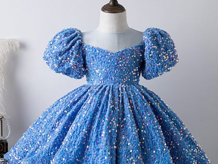 Blue A Line Puff Sleeves Sequins Girls Dresses Supply