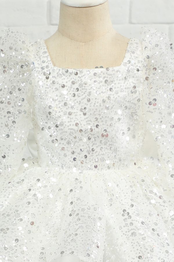 Ivory Sequins Flower Girl Dress with Bow For Discount