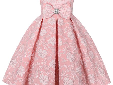 Cute Jewel Neck Pink Jacquard Girl Dress Supply