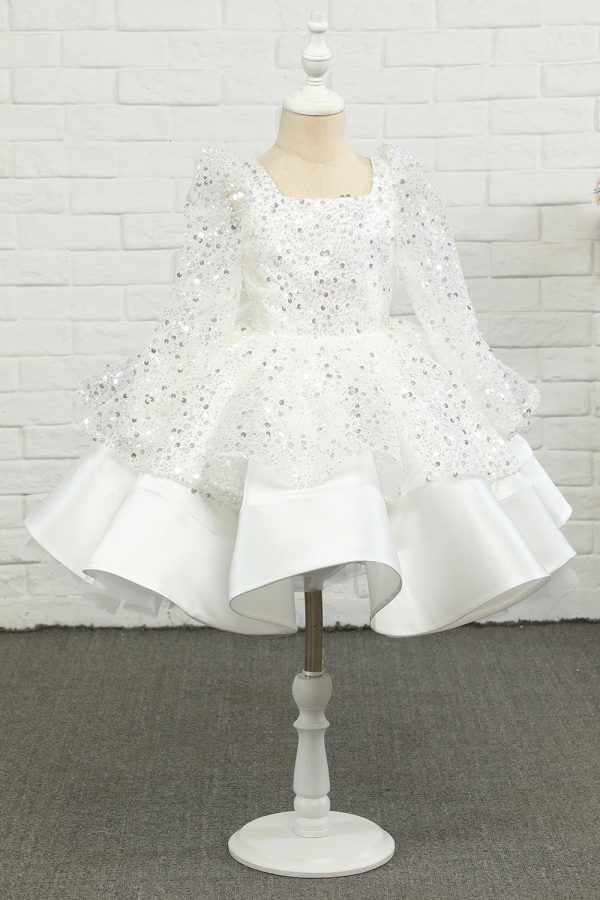 Ivory Sequins Flower Girl Dress with Bow For Discount