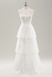 Elegant White Strapless Corset Tiered Long Wedding Dress with Lace on Sale