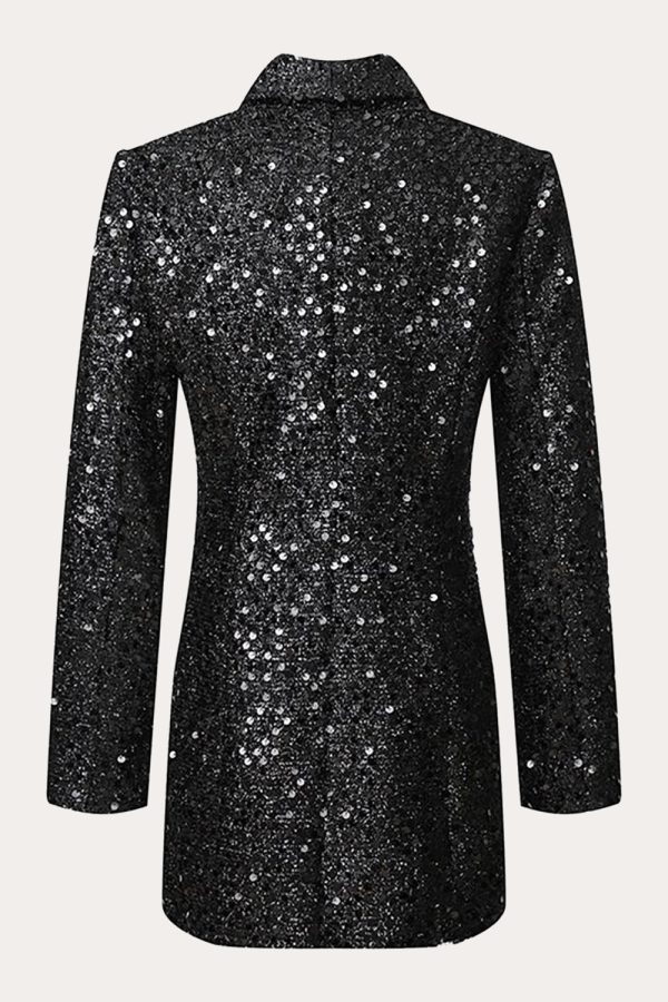 Sparkly Black Sequins Double Breasted Women Blazer For Cheap