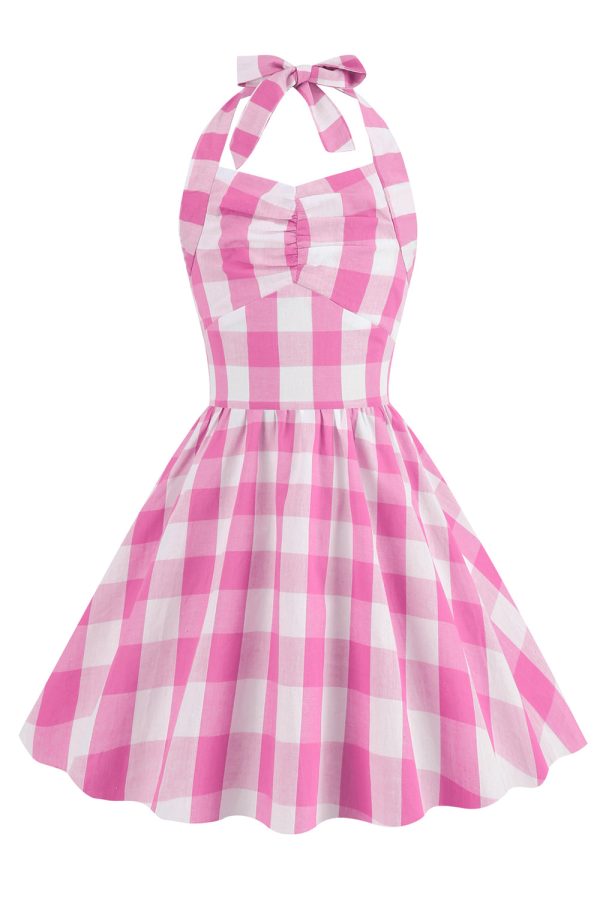 Halter Plaid Sleeveless Pink Vintage Girl Dresses For Sale