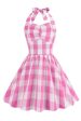 Halter Plaid Sleeveless Pink Vintage Girl Dresses For Sale