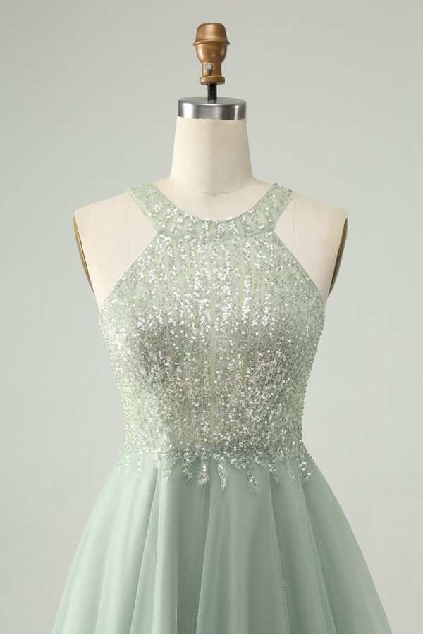 Dusty Green Halter Sequins A Line Homecoming Dress Supply