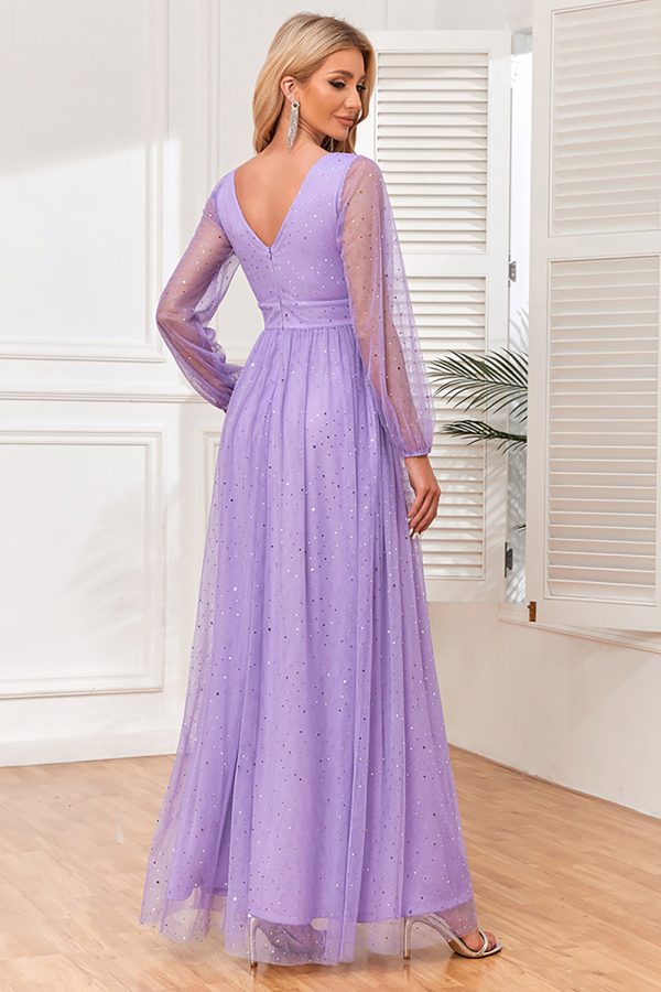 A-Line Long Sleeves Lilac Formal Dress with Slit Cheap