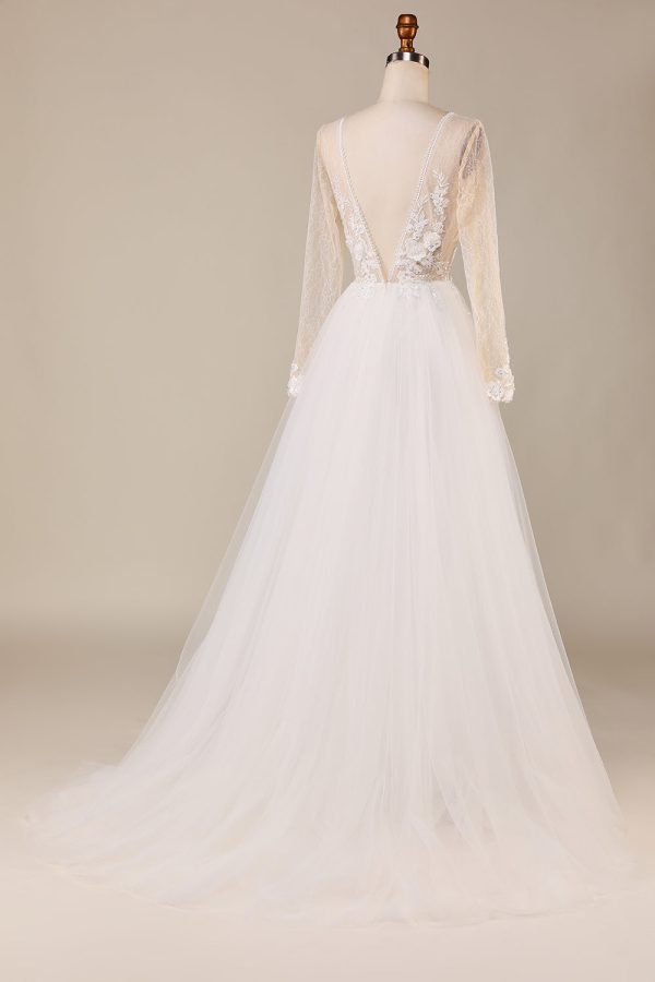 A Line Deep V-Neck Ivory Tulle Sweep Train Wedding Dress with Lace For Cheap