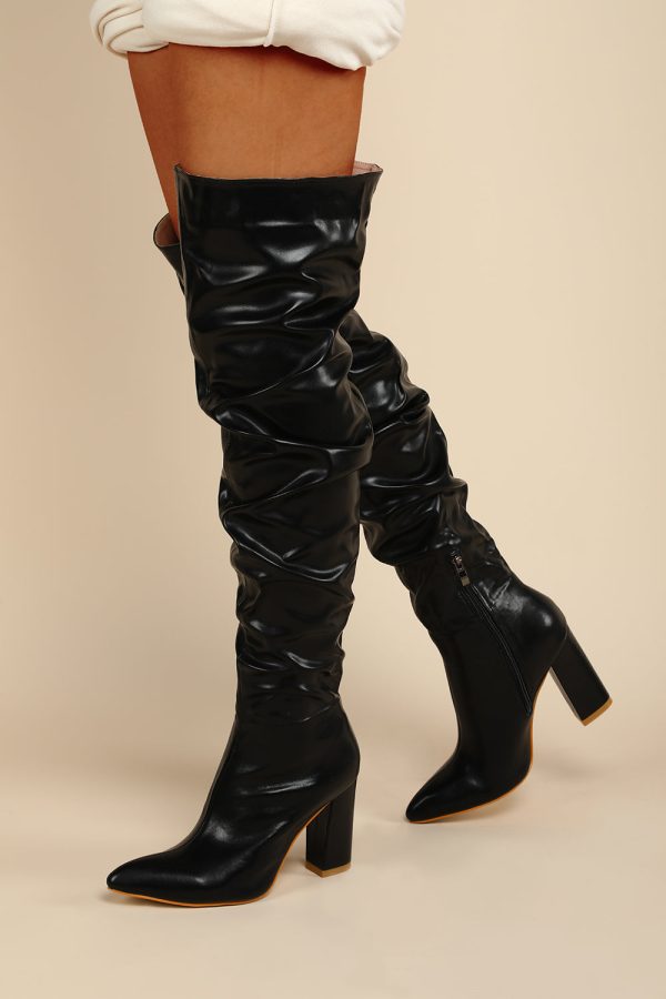 Black Chunky High-Heeled High Boots Hot on Sale