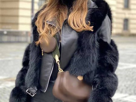 Black Cropped Zipper Leather Faux Fur Jacket on Sale